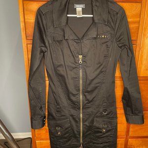 Vintage Diesel Black Military Utility Y2K Zip-Through Trench Dress, Large L